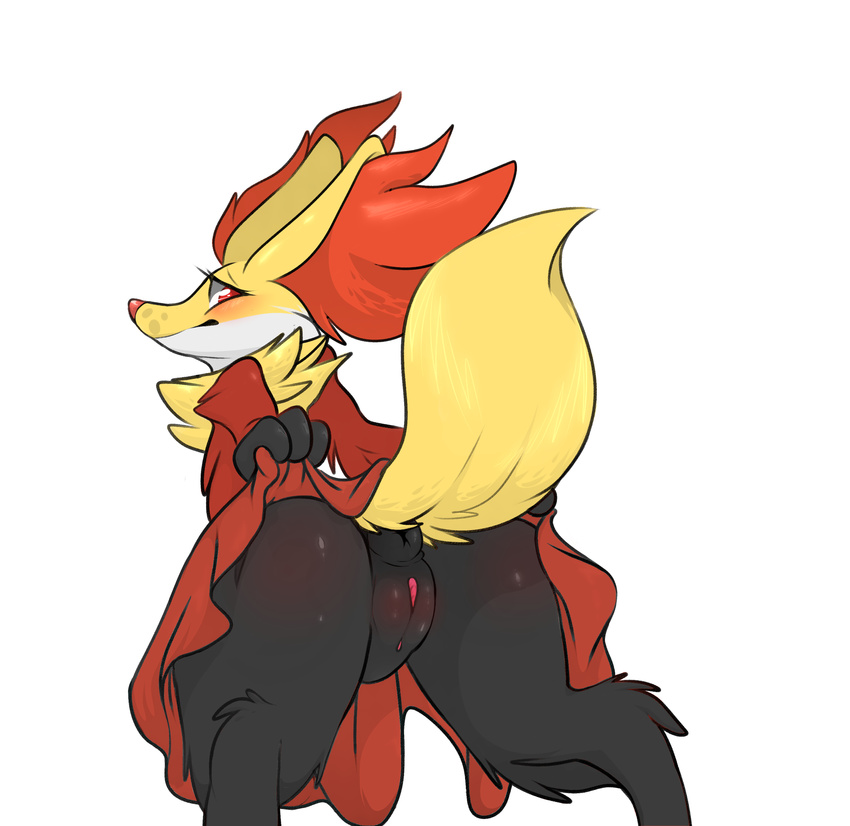 2016 absurd_res anthro anus backsash big_butt butt canine clothing delphox digital_media_(artwork) dress embarrassed female fox fur hair hi_res inner_ear_fluff looking_at_viewer looking_back mammal nintendo pok&eacute;mon presenting presenting_hindquarters puffy_anus pussy rear_view red_eyes simple_background solo spreading video_games white_background