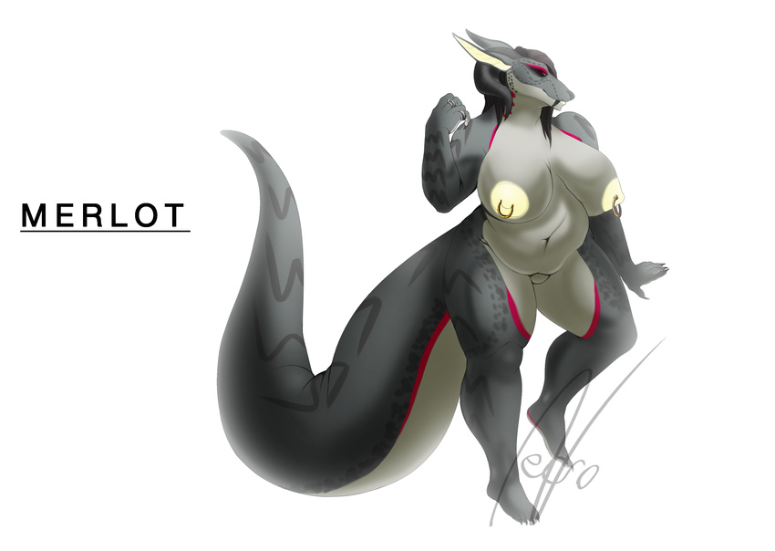 2016 accents belly big_breasts breasts claws fangs female heavy horn jewelry markings merlot necrosquelch nipple_piercing nipples overweight piercing pink_eyes ring sabertooth_(feature) simple_background slightly_chubby solo spots standing watermark white_background