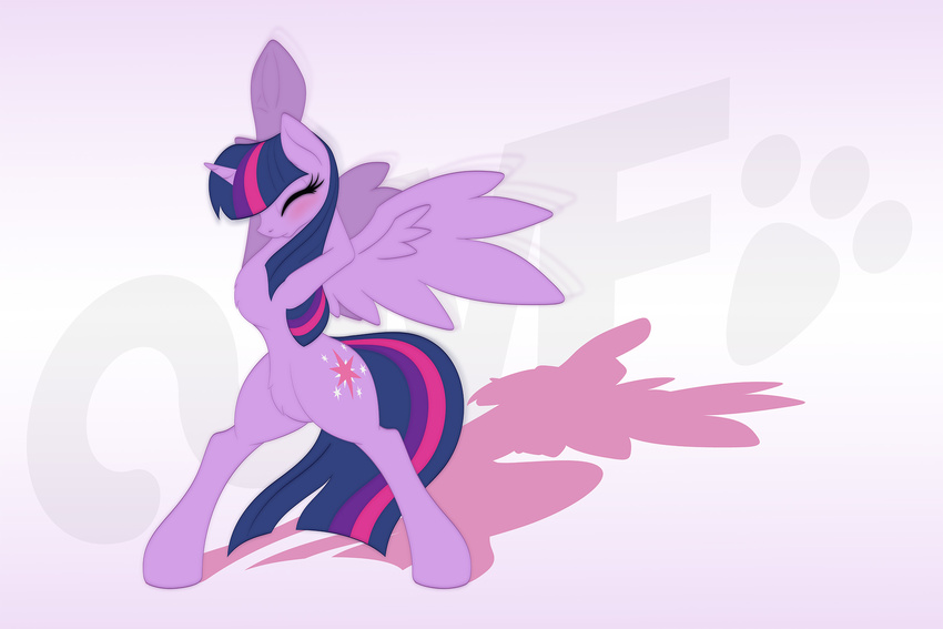 2016 blush cutie_mark equine eyes_closed feathered_wings feathers female feral friendship_is_magic fur hair horn mammal miniferu multicolored_hair my_little_pony purple_feathers purple_fur purple_hair shadow simple_background solo spread_wings twilight_sparkle_(mlp) white_background winged_unicorn wings