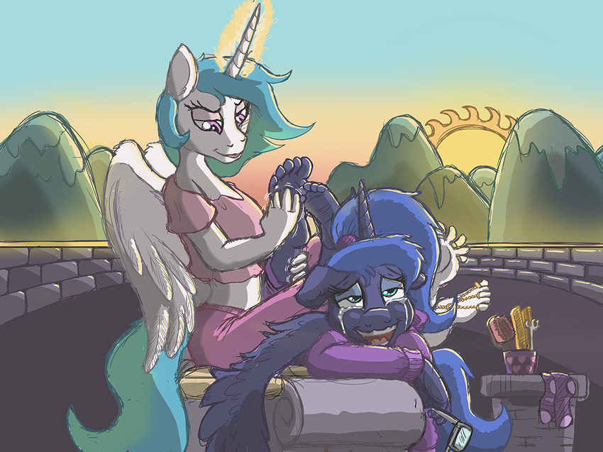 2016 anthro anthrofied brush caroo comb duo equine female friendship_is_magic glowing gold_(metal) horn lying magic mammal my_little_pony princess_celestia_(mlp) princess_luna_(mlp) ring sibling sisters tears tickle_fetish tickling toe_ring winged_unicorn wings