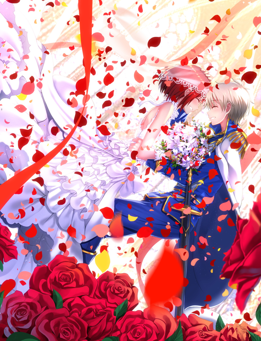 1girl ^_^ akagami_no_shirayukihime arch bangs bare_shoulders blue_pants blue_shirt blush bouquet bridal_veil cape church closed_eyes couple dress dutch_angle epaulettes eyebrows eyebrows_visible_through_hair flower forehead-to-forehead frilled_dress frills from_side glass gloves hand_on_another's_back hand_on_another's_head hetero high_collar highres holding holding_bouquet indoors lace_trim leaf lily_(flower) long_dress long_sleeves motion_blur open_mouth pants profile red_flower red_hair red_ribbon red_rose ribbon rose shirayuki_(akagami_no_shirayukihime) shirt short_hair silver_hair sleeveless sleeveless_dress smile standing sword swordsouls veil weapon wedding wedding_dress white_dress white_flower white_gloves zen_wistalia