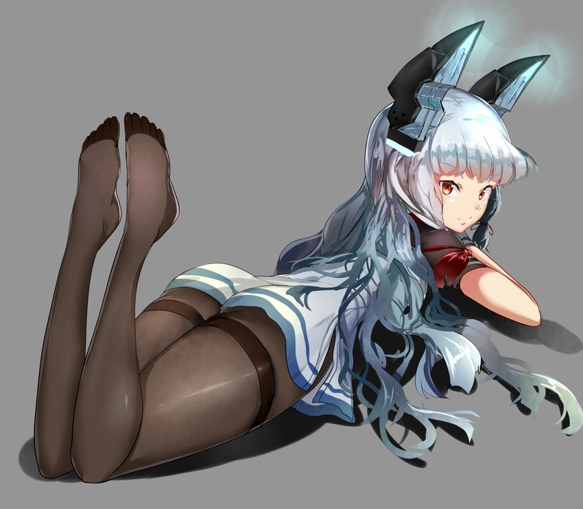 ass brown_eyes dress headgear hizagawa_rau kantai_collection legs_up long_hair looking_at_viewer looking_back lying murakumo_(kantai_collection) on_stomach pantyhose short_sleeves silver_hair solo thighband_pantyhose very_long_hair white_dress