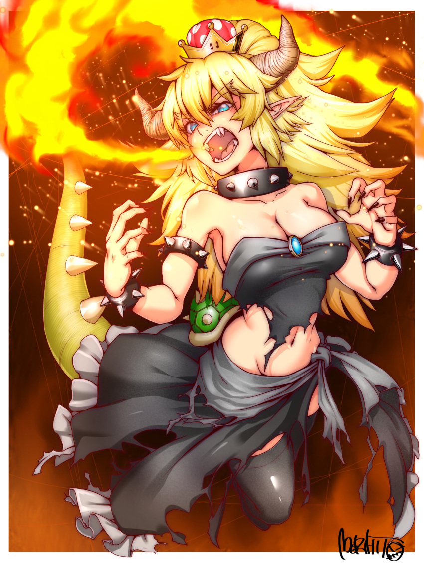 artist_name bangs bare_shoulders black_collar black_dress black_legwear black_nails blonde_hair blue_eyes bowsette bracelet breasts breathing_fire brooch cleavage collar collarbone crown dress eyebrows eyebrows_visible_through_hair fangs fingernails fire full_body hair_between_eyes hands_up highres hitomori horns jewelry long_hair looking_at_viewer mario_(series) nail_polish navel new_super_mario_bros._u_deluxe nintendo open_mouth pointy_ears sharp_fingernails sidelocks sparks spiked_armlet spiked_bracelet spiked_collar spiked_shell spiked_tail spikes stomach strapless strapless_dress super_crown tail thighhighs torn_clothes torn_dress turtle_shell v-shaped_eyebrows zettai_ryouiki