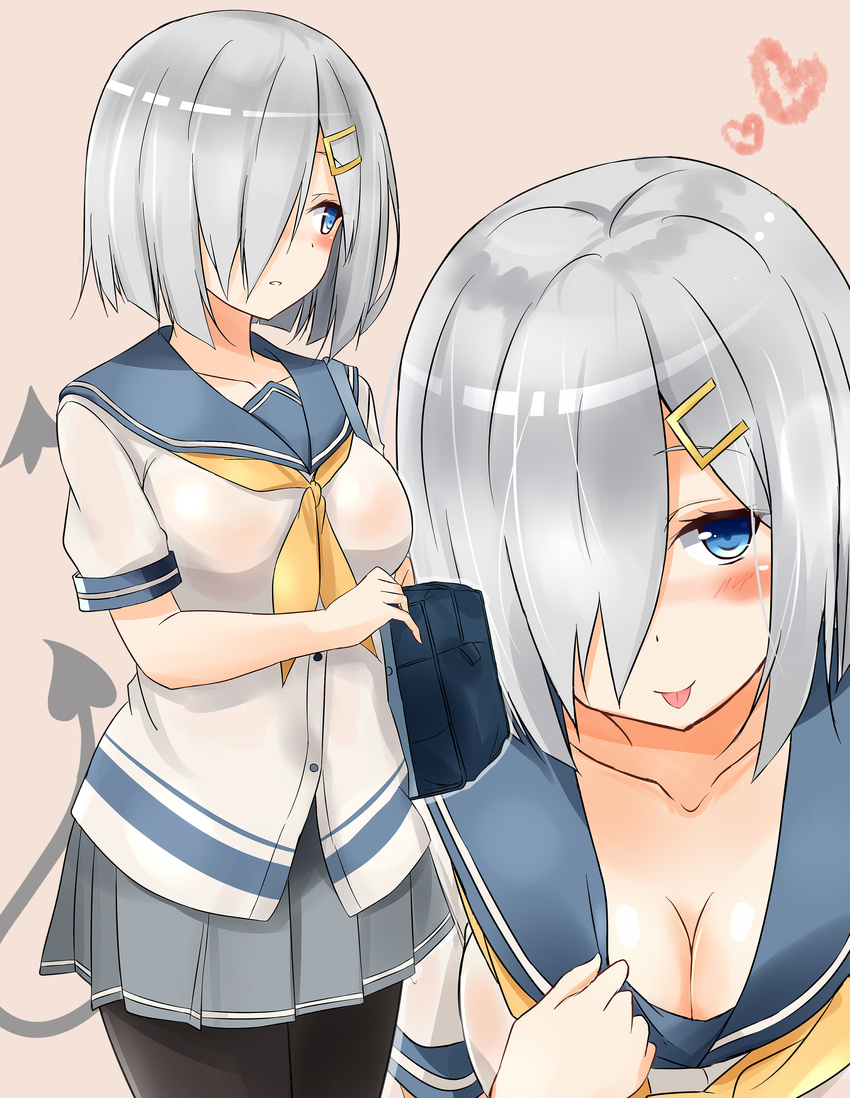 :p absurdres black_legwear blue_eyes blush breasts buttons cleavage demon_tail demon_wings grey_skirt hair_ornament hair_over_one_eye hairclip hamakaze_(kantai_collection) heart highres kantai_collection large_breasts looking_away mini_wings multiple_views neckerchief no_gloves pleated_skirt saku_(kudrove) school_uniform serafuku short_hair silver_hair simple_background skirt tail tongue tongue_out wings yellow_neckwear