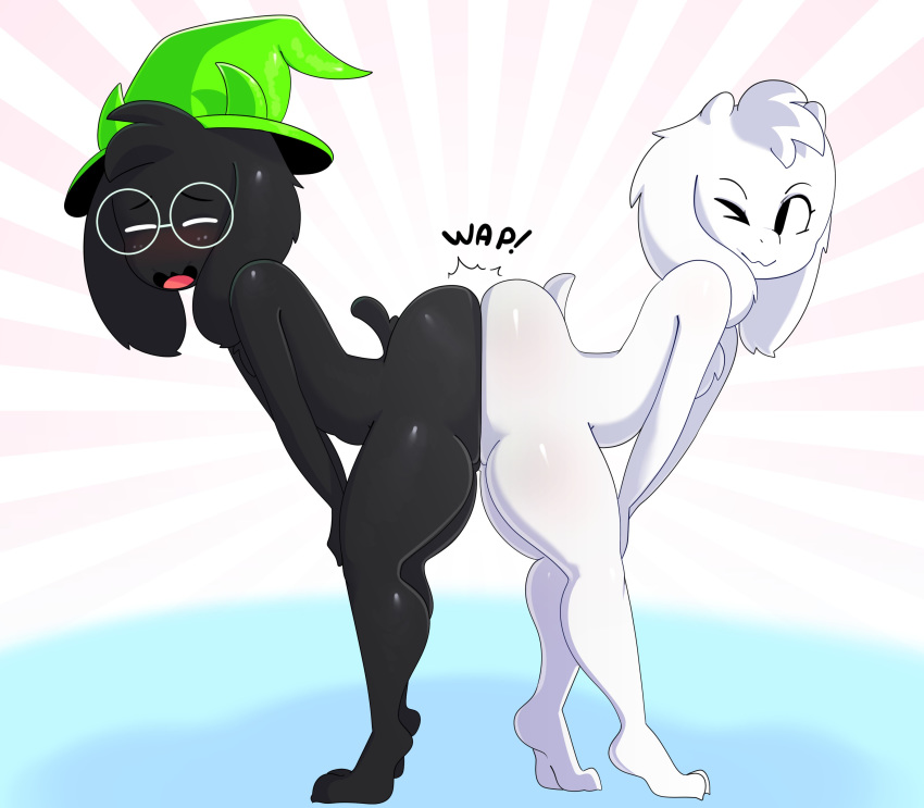 2019 absurd_res anthro asriel_dreemurr ass_to_ass bent_over black_fur blush boss_monster bovid butt butt_squish caprine deltarune duo eyewear floppy_ears fur glasses goat hat hi_res male mammal nude one_eye_closed open_mouth ralsei short_tail simple_background somescrub undertale video_games white_fur wink