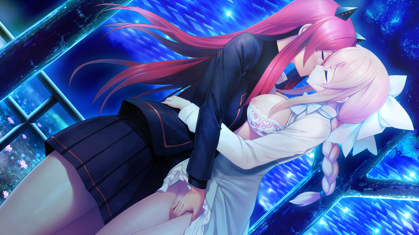 aso_kiriri blonde_hair bow bra braid breasts breasts_outside closed_eyes dress dress_lift dutch_angle fingering game_cg hair_bow headgear hug kibanohara_ethica kiss large_breasts long_hair multiple_girls nipples oosaki_shin'ya red_hair single_braid skirt sparkle tokyo_necro underwear yuri