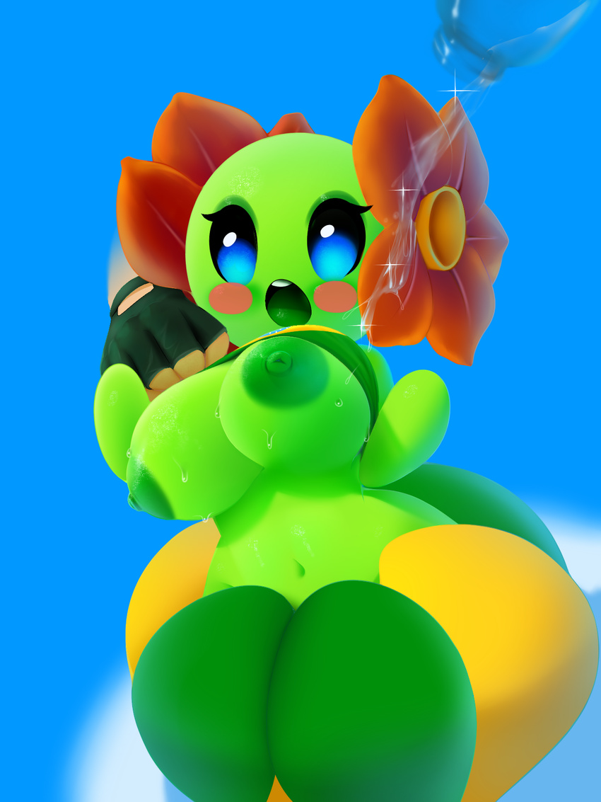 bellossom big_breasts blue_eyes blush bottle breasts clothing disembodied_hand female fingerless_gloves flora_fauna flower gloves human mammal nintendo nipples open_mouth plant plantpenetrator pok&eacute;mon pok&eacute;morph video_games water wet