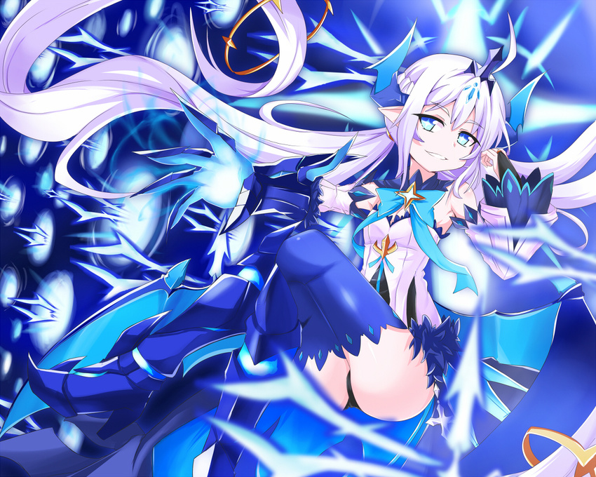 1girl bin1998 blue_eyes elsword horns loli luciela_r._sourcream noblesse_(elsword) pointy_ears solo thighhighs white_hair