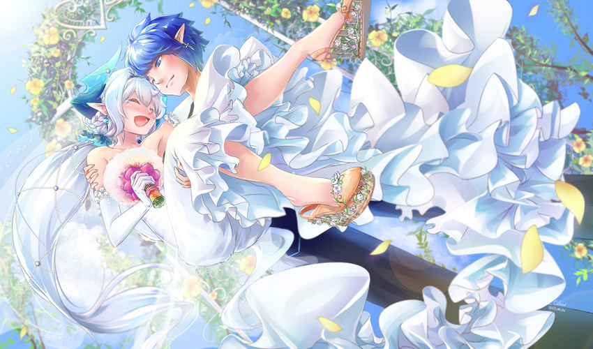 1girl absurdres bare_shoulders black_pants blue_eyes blue_hair blurry blurry_background blush bouquet carrying ciel_(elsword) closed_eyes couple dated day depth_of_field dress elbow_gloves elsword falling_leaves floral_arch flower gloves hetero highres holding holding_bouquet horns leaf long_hair luciela_r._sourcream noblesse_(elsword) nose_blush one_eye_closed open_mouth outdoors pants pointy_ears princess_carry royal_guard_(elsword) servati shoe_dangle short_hair signature smile tears very_long_hair wedding wedding_dress white_dress white_gloves white_hair
