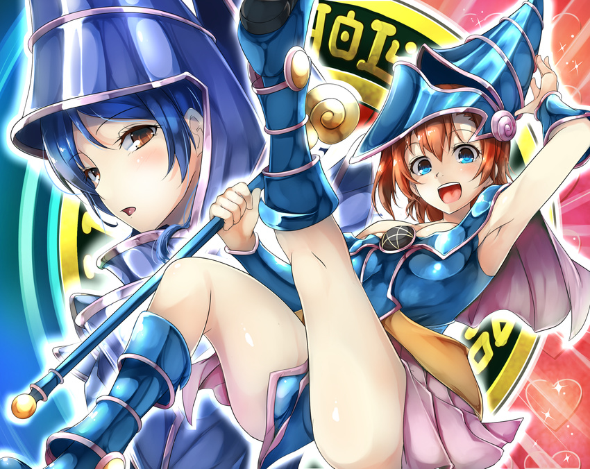 :d armpits black_hair blue_eyes brown_eyes cosplay dark_magical_circle dark_magician dark_magician_(cosplay) dark_magician_girl dark_magician_girl_(cosplay) duel_monster hat highres korezyanai kousaka_honoka love_live! love_live!_school_idol_project multiple_girls one_side_up open_mouth orange_hair smile sonoda_umi staff yuu-gi-ou