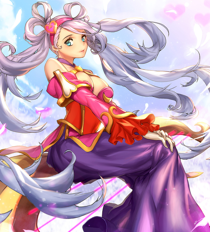 alternate_costume blue_eyes breasts cleavage detached_sleeves dress frilled_sleeves frills gloves hair_ornament hair_rings hairband heart heart_hair_ornament highres large_breasts league_of_legends long_dress long_hair looking_at_viewer nal_(nal's_pudding) silver_hair sitting solo sona_buvelle sweetheart_sona twintails very_long_hair white_gloves