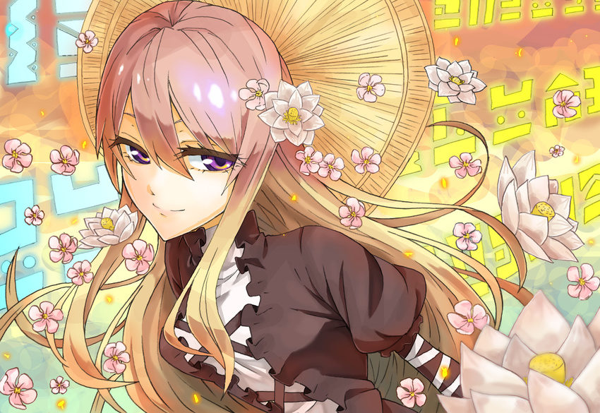 blonde_hair brown_hair dress flower gradient_hair hair_between_eyes hat hijiri_byakuren ke-su long_hair multicolored_hair purple_eyes purple_hair solo sorcerer's_sutra_scroll touhou