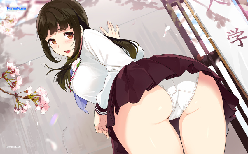 artist_name ass bent_over blush breasts brown_eyes brown_hair cherry_blossoms company_name game-style highres large_breasts long_hair looking_back open_mouth original panties pleated_skirt sasamori_tomoe school_uniform serafuku skirt smile solo trefoil underwear wallpaper watermark white_panties