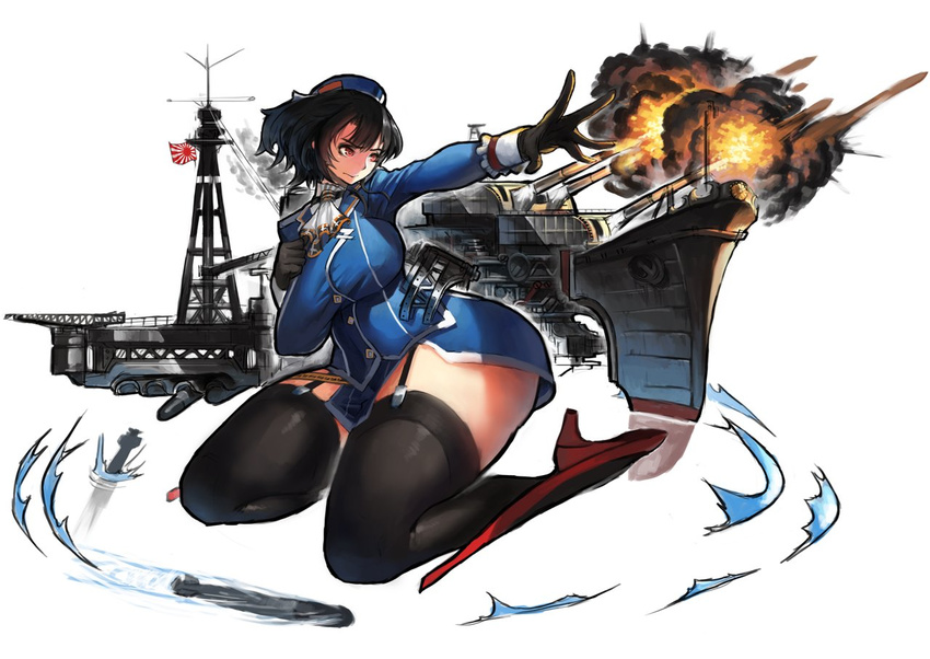 bad_anatomy beret black_gloves black_hair breasts fenris firing garter_straps gloves hat huge_breasts impossible_clothes kantai_collection military military_uniform outstretched_arm short_hair solo takao_(kantai_collection) torpedo uniform