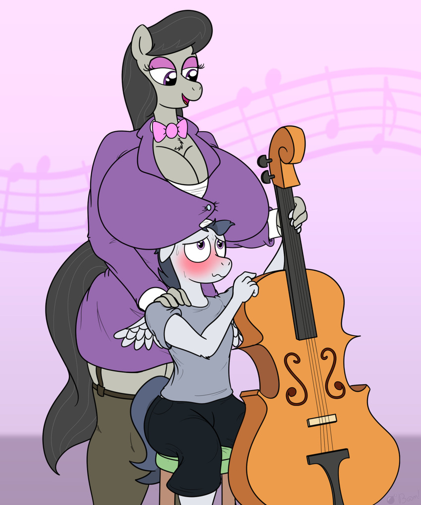 anthro big_breasts blush boob_hat bow_tie breasts cello chest_tuft cleavage clothed clothing duo equine female friendship_is_magic fur grey_hair gunpowdergreentea hair horse huge_breasts legwear male mammal musical_instrument my_little_pony octavia_(mlp) pegasus pony purple_eyes rumble_(mlp) size_difference stockings sweat tuft wings