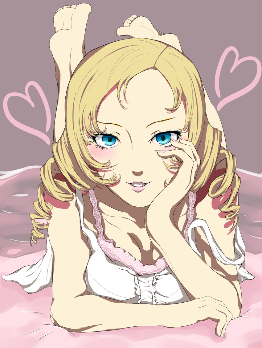 barefoot blonde_hair blue_eyes breasts catherine catherine_(game) demon_girl drill_hair feet heart lipstick looking_at_viewer makeup nail_polish on_stomach soles toes twin_drills