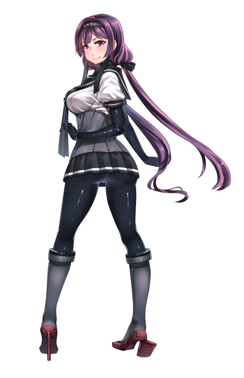 ass bangs black_gloves black_legwear black_skirt blunt_bangs blush boots breasts closed_mouth clothes_writing corset cosplay eyelashes female_admiral_(kantai_collection) from_behind full_body gloves grey_footwear hair_ornament hairband hatsuzuki_(kantai_collection) hatsuzuki_(kantai_collection)_(cosplay) hiememiko high_heel_boots high_heels highres kantai_collection knee_boots large_breasts legs_apart long_hair looking_at_viewer looking_back miniskirt navel pantyhose pleated_skirt puffy_short_sleeves puffy_sleeves purple_eyes school_uniform serafuku shiny shiny_clothes short_sleeves simple_background skirt smile solo standing turtleneck twintails white_background
