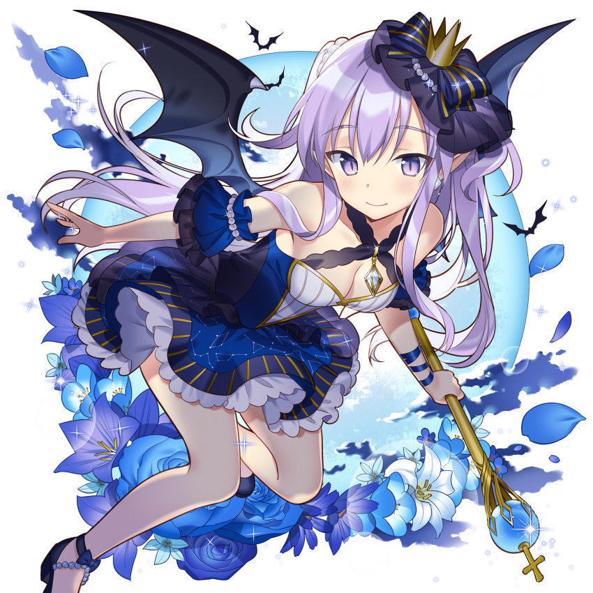 1girl bare_shoulders black_wings blush breasts cleavage demon_girl demon_wings detached_sleeves dress flower hair_ornament highres holding long_hair looking_at_viewer medium_breasts miss_barbara official_art petals purple_eyes purple_hair rie_(reverie) scepter smile solo transparent_background uchi_no_hime-sama_ga_ichiban_kawaii wings