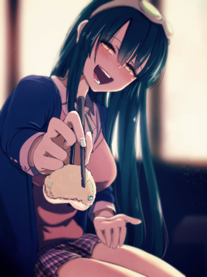 absurdres at2. black_hair blazer blush chopsticks feeding food hairband heart heart-shaped_pupils highres jacket long_hair looking_at_viewer md5_mismatch open_mouth pleated_skirt pov_feeding school_uniform sitting skirt smile solo sweater symbol-shaped_pupils touhoku_zunko very_long_hair vocaloid voiceroid yellow_eyes