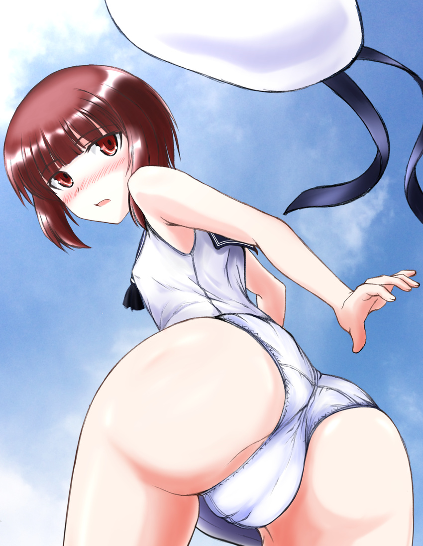 artist_request ass bare_shoulders beret blush brown_eyes brown_hair from_behind from_below hat hat_removed headwear_removed huge_ass kantai_collection mochizuki_kazuto panties short_hair sky solo underwear upskirt z3_max_schultz_(kantai_collection)