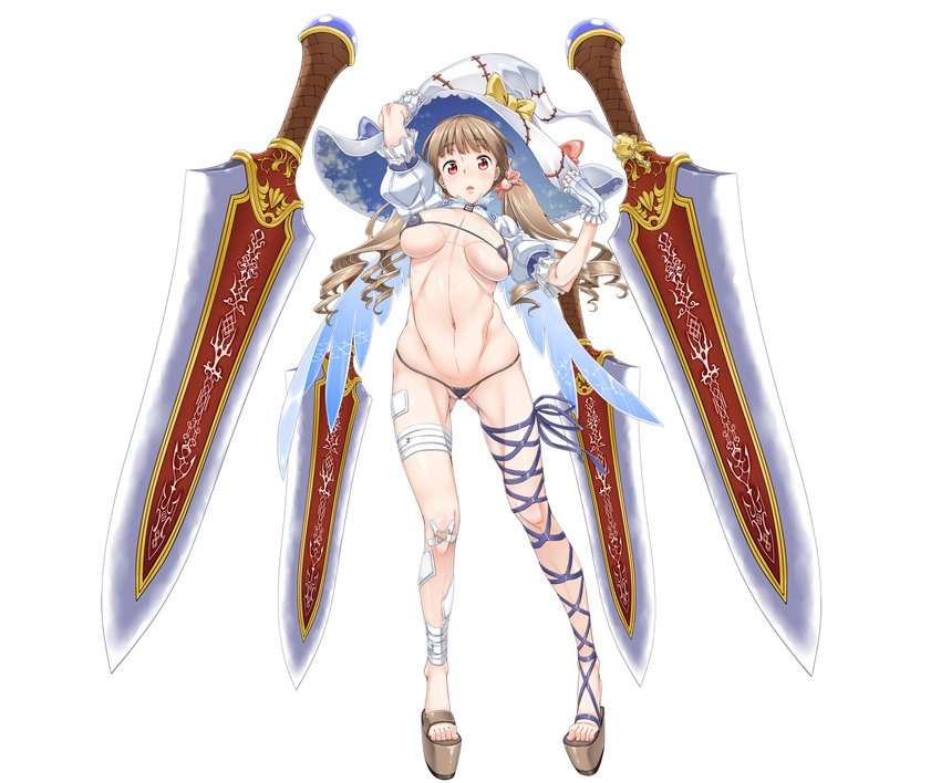 1girl angel_wings bandaid big_hat big_sword bikini bikini_top blonde_hair breasts chanpurux covering covering_nipples detached_collar drill_hair erect_nipples feet fingerless_gloves full_body game_cg gloves hair_ribbon hat henshin_shoujo_chelsea highres large_breasts legs long_hair looking_at_viewer micro_bikini mound_of_venus navel nipples parted_lips partially_visible_vulva platform_clogs pussy red_eyes ribbon sandals shaved shaved_pussy shiny_hair shiny_skin short_sleeves simple_background solo standing sword thighs thong toes twintails weapon white_background wings