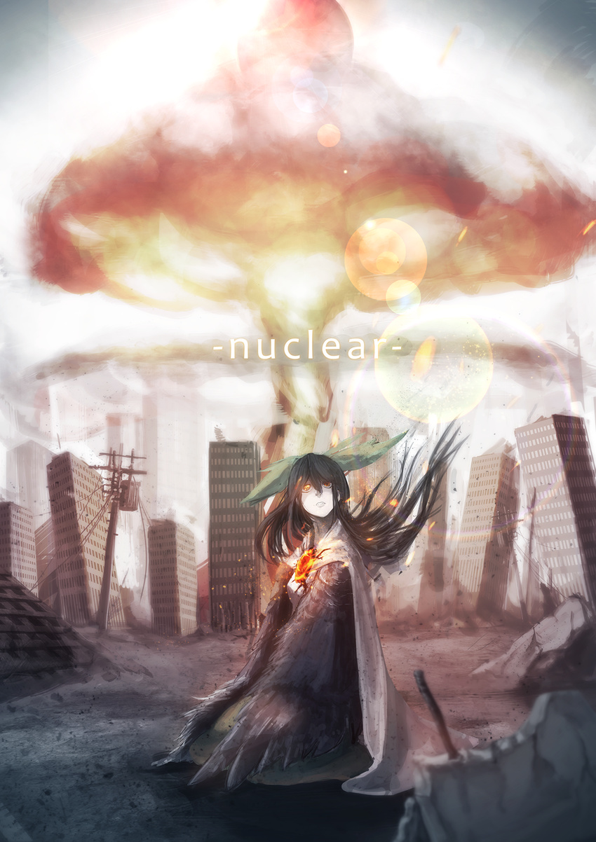 black_hair black_wings bow cape city commentary_request day destruction embers english explosion feathered_wings fire green_skirt hair_bow highres kirisame_tarou lens_flare long_hair long_skirt looking_up mushroom_cloud orange_eyes parted_lips power_lines reiuji_utsuho ruins seiza shirt sitting skirt sky solo sun telephone_pole third_eye touhou white_shirt wings