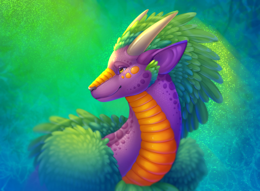 2016 ambiguous_gender black_nose dragon feathered_dragon feathers feral green_background green_feathers madamsquiggles nude orange_scales pointy_ears purple_scales scales scalie simple_background smile solo spots white_horns yellow_eyes