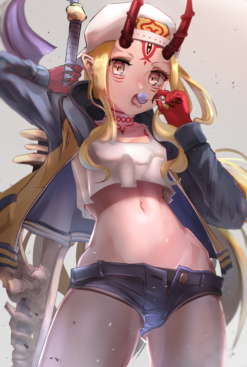 1girl absurdres backwards_hat baseball_cap blonde_hair blurry breasts commentary_request cowboy_shot crop_top crop_top_overhang curly_hair denim denim_shorts depth_of_field eyelashes fate/grand_order fate_(series) forehead gluteal_fold hat highleg_shorts highres hip_bones hips holding hood hood_down hooded_jacket ibaraki_douji_(fate/grand_order) jacket long_hair long_sleeves looking_at_viewer micro_shorts midriff nakasaku-p navel oni_horns open_clothes open_fly open_jacket open_mouth open_shorts red_horns shorts slit_pupils small_breasts solo standing stomach tank_top tongue tongue_out unbuttoned unbuttoned_shorts upshirt white_hat white_tank_top yellow_eyes