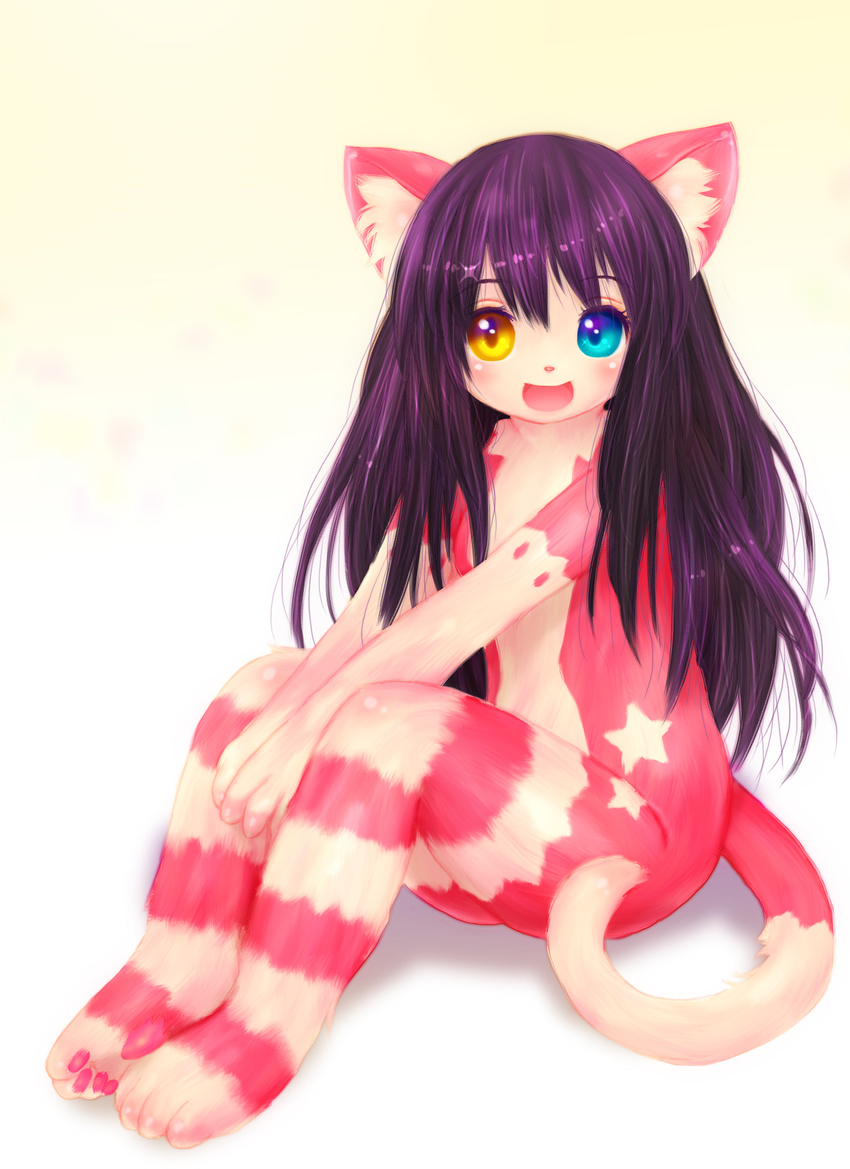 artist_request blue_eyes cat furry heterochromia long_hair nude open_mouth purple_hair tashiro_yuu yellow_eyes