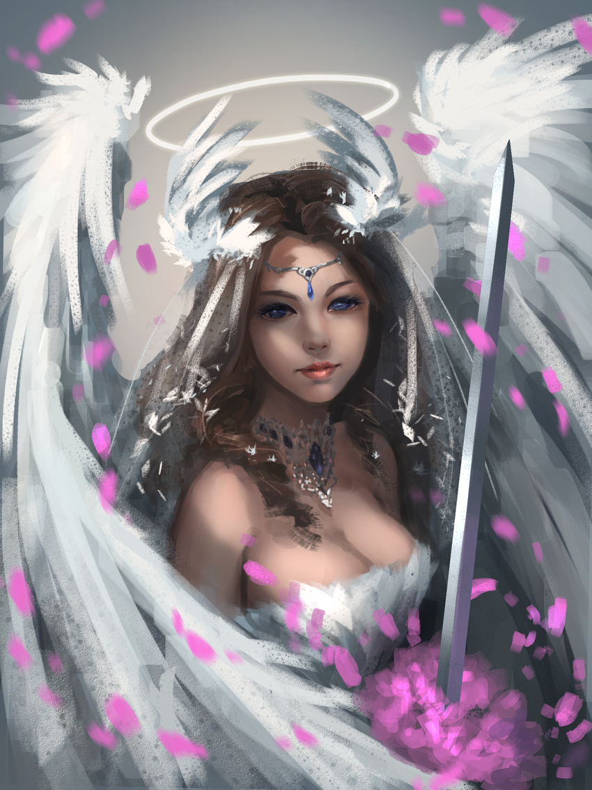 angel bare_shoulders blue_eyes breasts brown_hair circlet collar flower halo head_wings highres lips lipstick looking_to_the_side makeup medium_breasts original petals solo sword weapon yuwei_li