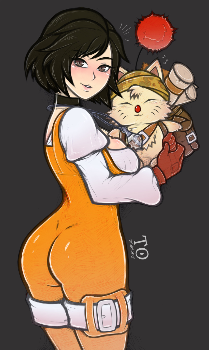 1girl ^_^ antiheld ass between_breasts black_hair blush bodysuit breast_grab breasts brown_eyes cleavage closed_eyes dimples_of_venus eyes_closed final_fantasy final_fantasy_ix garnet_til_alexandros_xvii gloves highres juliet_sleeves latex lips long_sleeves looking_at_viewer looking_back moogle npc parted_lips puffy_sleeves red_gloves red_nose short_hair smile standing stiltzkin very_short_hair