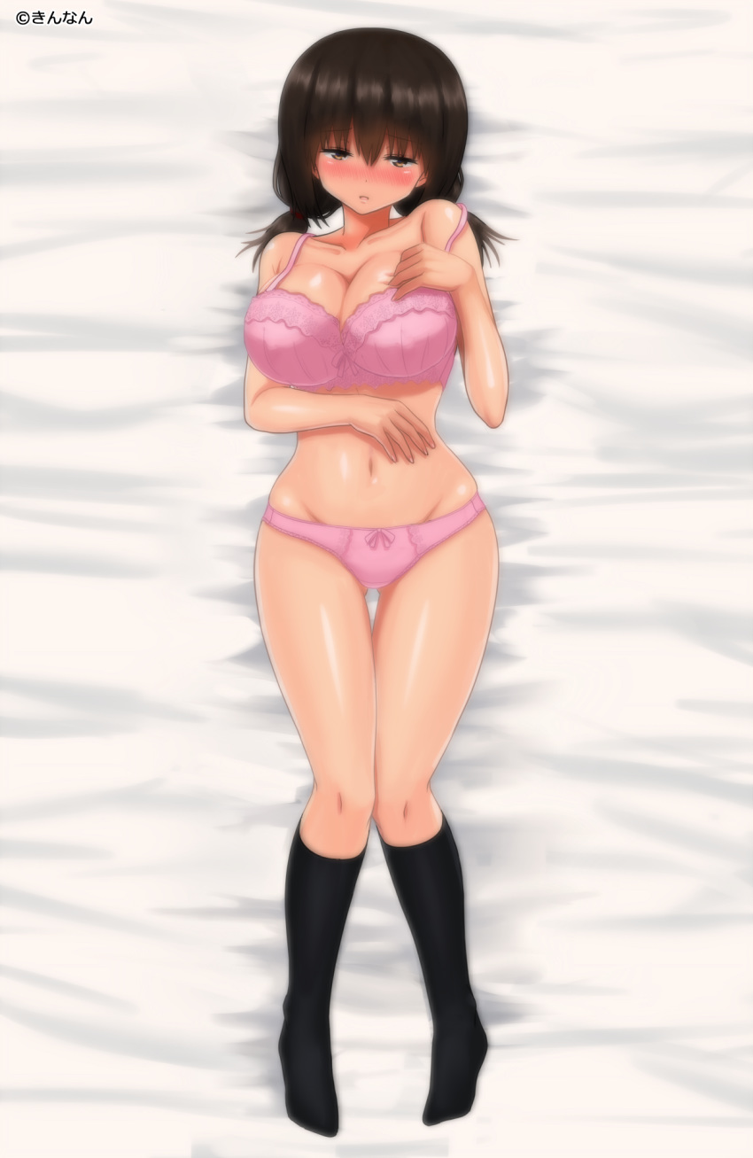 1girl artist_name ass_visible_through_thighs bangs bed_sheet black_hair black_legwear bow bow_bra bow_panties bra breasts brown_eyes cleavage collarbone commentary_request dakimakura eyebrows_visible_through_hair from_above full_body groin half-closed_eyes hand_on_own_chest highres holding kinnan large_breasts legs light_frown long_hair looking_at_viewer low_twintails lying navel on_back on_bed original panties parted_lips pink_bra pink_panties socks solo thigh_gap twintails underwear underwear_only