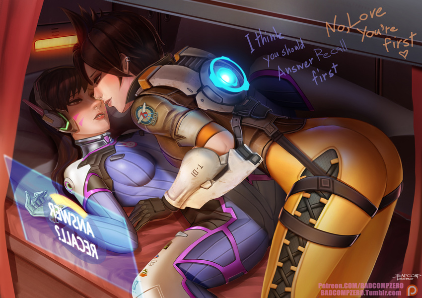 ass badcompzero bodysuit brown_hair d.va_(overwatch) eye_contact facial_mark lips long_hair looking_at_another multiple_girls orange_bodysuit overwatch parted_lips short_hair skin_tight spread_legs thigh_strap tracer_(overwatch) whisker_markings yuri