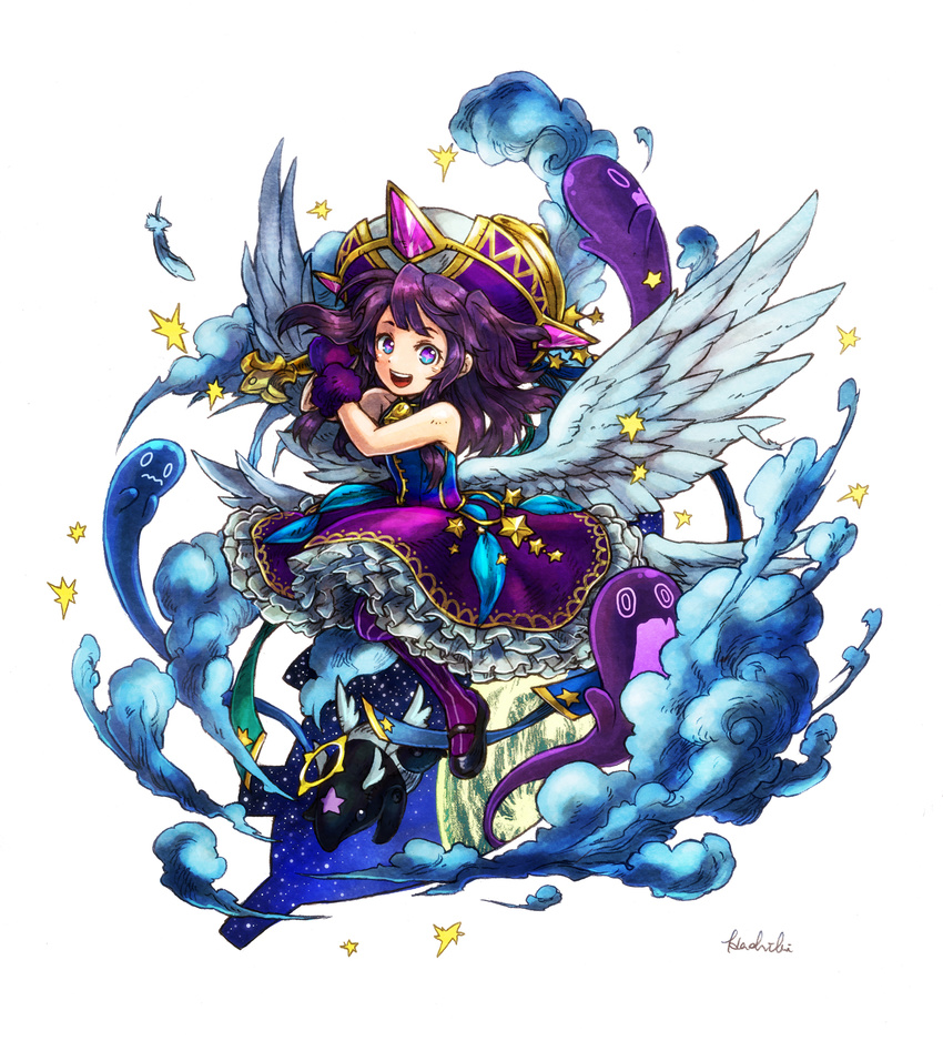 1girl angel_wings bare_shoulders bell blue_eyes gloves hashibi_rokou hat highres lumiel_(p&amp;d) open_mouth portal_(object) purple_hair purple_legwear puzzle_&amp;_dragons shoes solo symbol-shaped_pupils tapir wings