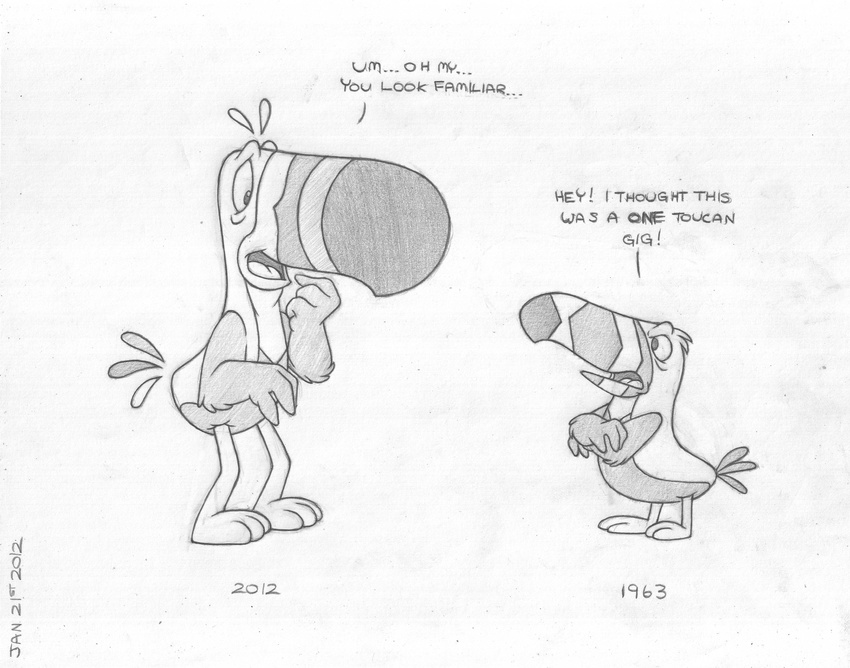 2012 angry anthro avian bird crossed_arms dialogue duo embarrassed english_text eye_contact featureless_crotch finger_to_mouth froot_loops greyscale humor male mizzyam monochrome nude open_mouth pencil_(artwork) side_view size_difference square_crossover text toucan toucan_sam traditional_media_(artwork) winged_arms wings