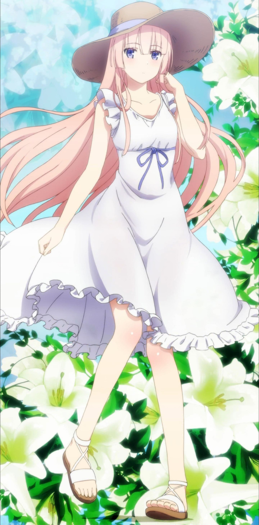 1girl absurdres dress flower girly_air_force gripen_(girly_air_force) hat highres lily_(flower) long_hair pink_hair purple_eyes screencap stitched third-party_edit