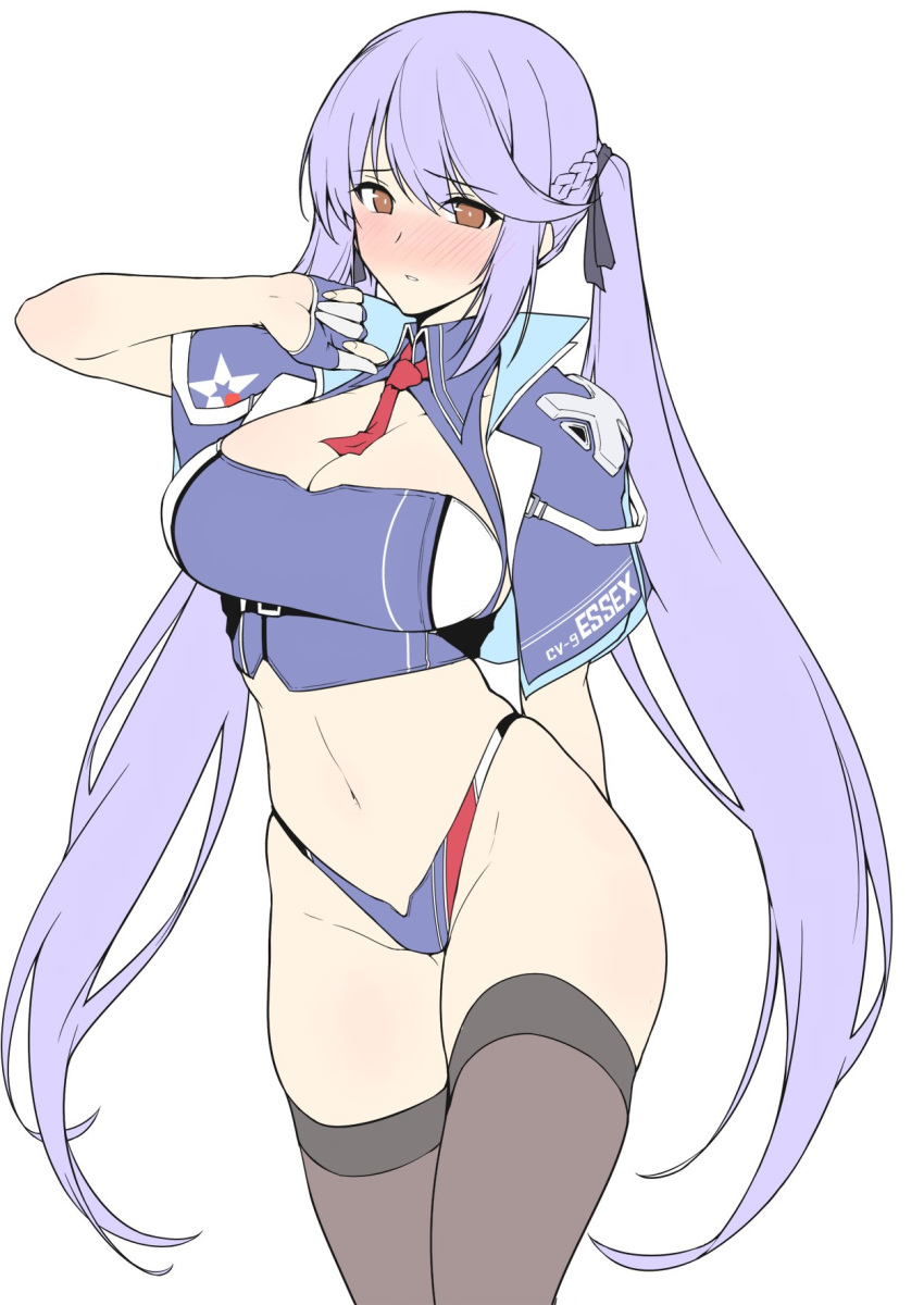 1girl arm_behind_back arm_up azur_lane bangs black_legwear black_ribbon blue_cloak blue_dress blue_gloves blue_hair blue_panties blush braid breasts brown_eyes cleavage cleavage_cutout clothes_writing collared_dress commentary_request dress essex_(azur_lane) eyebrows_visible_through_hair fingerless_gloves floating_hair french_braid gloves groin hair_ribbon harukon_(halcon) highleg highleg_panties highres large_breasts long_hair looking_at_viewer multicolored multicolored_clothes multicolored_dress multicolored_panties navel necktie nose_blush panties parted_lips red_neckwear ribbon simple_background solo standing thighhighs twintails underwear very_long_hair white_background work_in_progress