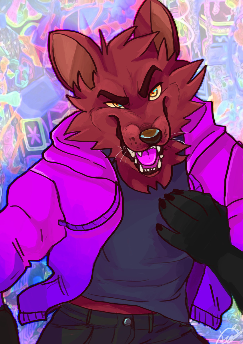 2016 amber_eyes anthro black_fur canine clothed clothing daflummify digital_media_(artwork) fangs fox fur hi_res looking_at_viewer male mammal open_mouth pose pyrocynical red_fur sharp_teeth solo teeth tongue