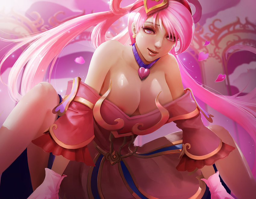 alternate_costume arch areola_slip areolae bangs bare_shoulders blue_eyes breasts cleavage dress earrings eyelashes frills gloves hair_ornament hair_rings hairband heart heart_hair_ornament heart_necklace jewelry kaze_no_gyouja large_breasts league_of_legends light_particles lips long_dress long_hair looking_at_viewer necklace off_shoulder parted_lips pink_hair pink_lips shade silver_hair sitting solo sona_buvelle spread_legs sweetheart_sona swept_bangs twintails very_long_hair wide_sleeves