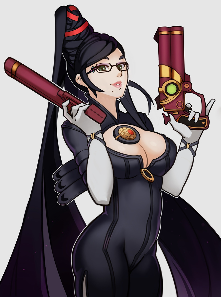 arm_strap bangs bayonetta bayonetta_(character) beehive_hairdo black-framed_eyewear black_hair bodysuit breasts cleavage cleavage_cutout cowboy_shot double_barrels dual_wielding elbow_gloves eyeshadow finger_on_trigger from_side glasses gloves grey_background grey_eyes gun hair_over_shoulder hair_ribbon half_updo handgun high_ponytail highres holding holding_gun holding_weapon large_breasts light_smile lips long_hair looking_at_viewer looking_back makeup mole mole_under_mouth outline pinky_out ponytail red_ribbon ribbon scarborough_fair_(bayonetta) sidelocks simple_background smile solo splashbrush split_ponytail standing swept_bangs thighs very_long_hair weapon white_gloves wristband