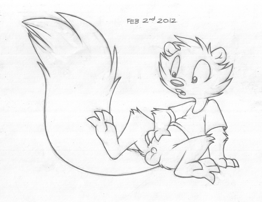2012 animal_genitalia anthro balls barefoot bottomless buckteeth buttonverse clothed clothing cub greyscale hi_res looking_down male mammal mizzyam monochrome open_mouth pencil_(artwork) reclining rickie_squirrel rodent sheath shirt simple_background sitting smile solo spread_legs spreading squirrel surprise teeth traditional_media_(artwork) white_background young