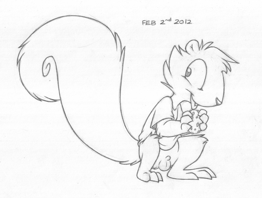 2012 animal_genitalia anthro balls barefoot bottomless buckteeth buttonverse clothed clothing cookie crouching cub eating food greyscale hi_res looking_away male mammal mizzyam monochrome pencil_(artwork) rickie_squirrel rodent sheath simple_background smile solo squirrel teeth tongue tongue_out traditional_media_(artwork) white_background young