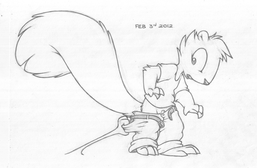 2012 animal_genitalia anthro balls barefoot belt bottomless buckteeth buttonverse clothed clothing cub disembodied_hand greyscale hi_res male mammal mizzyam monochrome open_mouth pants pantsing pencil_(artwork) rickie_squirrel rodent sheath simple_background solo squirrel standing surprise teeth traditional_media_(artwork) uhoh white_background young