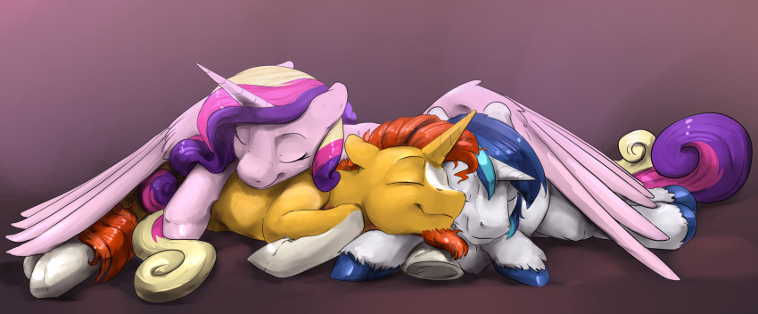 cuddle_puddle equine female friendship_is_magic group horn male mammal my_little_pony princess_cadance_(mlp) shining_armor_(mlp) silfoe sleeping sunburst_(mlp) unicorn winged_unicorn wings