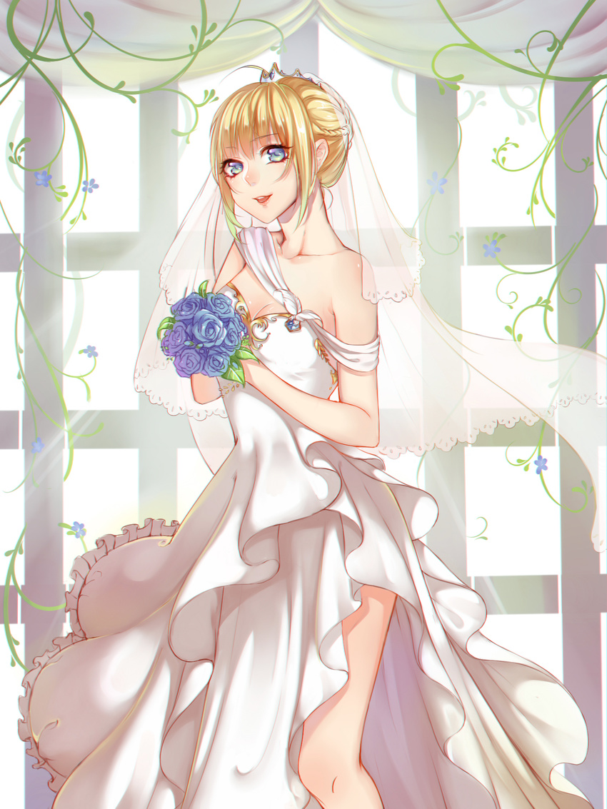 cleavage dress fate/stay_night no_bra rokiru_(yukiyoooooo) saber wedding_dress