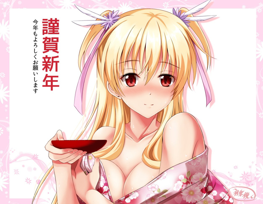 alisa_reinford alternate_costume bare_shoulders blonde_hair blush breasts cleavage closed_mouth collarbone cup eiyuu_densetsu hair_ornament hair_ribbon happy_new_year japanese_clothes kagura_yuuto kimono large_breasts long_hair looking_at_viewer new_year off_shoulder red_eyes ribbon sakazuki sen_no_kiseki solo two_side_up upper_body