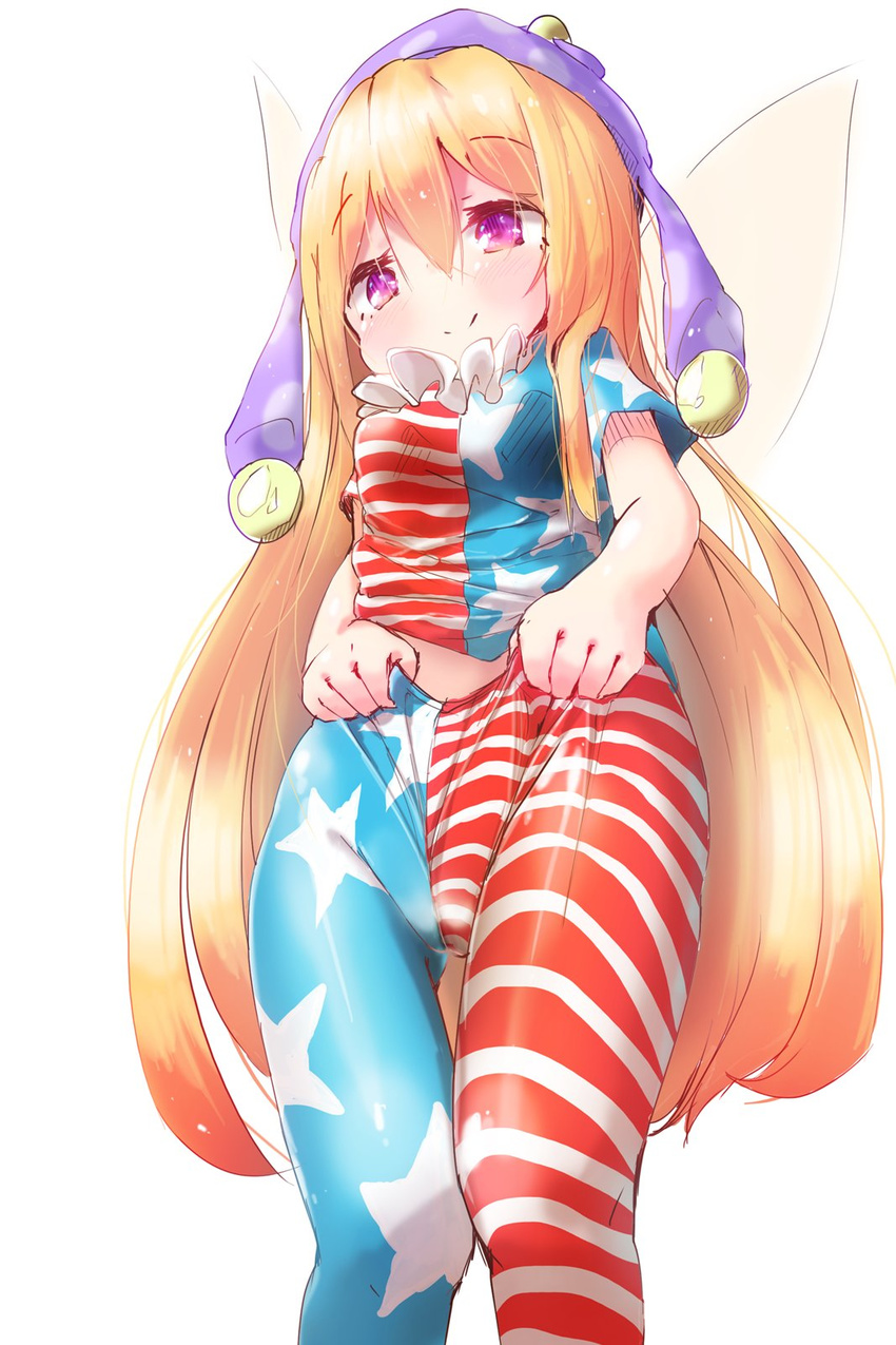 akisha american_flag_dress american_flag_legwear bad_id bad_twitter_id blonde_hair blush clownpiece eyebrows eyebrows_visible_through_hair fairy_wings frilled_shirt_collar frills from_below hat highres jester_cap long_hair pantyhose pantyhose_pull pink_hair polka_dot pulled_by_self shirt short_sleeves simple_background solo star striped touhou very_long_hair white_background wings