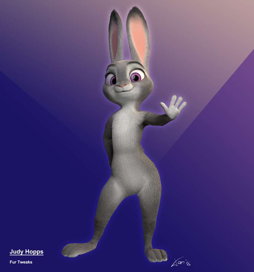 2016 3d_(artwork) anthro barefoot cgi digital_media_(artwork) disney feet female fur grey_fur judy_hopps lagomorph long_ears looking_at_viewer mammal nude pose purple_eyes rabbit simple_background smile solo xanaeth zootopia