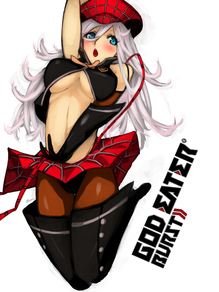 alisa_ilinichina_amiella bare_shoulders black_footwear black_legwear black_panties blue_eyes blush boots breasts cabbie_hat elbow_gloves fingerless_gloves gloves god_eater god_eater_burst hat highres jumping knee_boots kumiko_shiba large_breasts long_hair looking_at_viewer navel open_mouth panties panties_under_pantyhose pantyhose pantyshot plaid plaid_skirt silver_hair single_elbow_glove single_glove skirt solo striped suspender_skirt suspenders underboob underwear