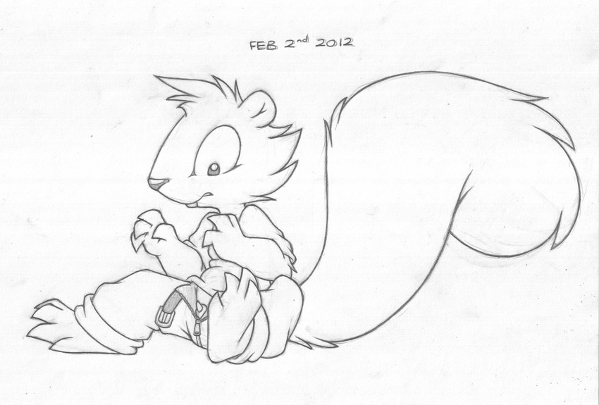 2012 animal_genitalia anthro balls barefoot belt bottomless buckteeth buttonverse clothed clothing cub embarrassed greyscale hi_res looking_down male mammal mizzyam monochrome open_pants pencil_(artwork) penis penis_tip rickie_squirrel rodent sheath simple_background sitting solo spread_legs spreading squirrel teeth traditional_media_(artwork) white_background young